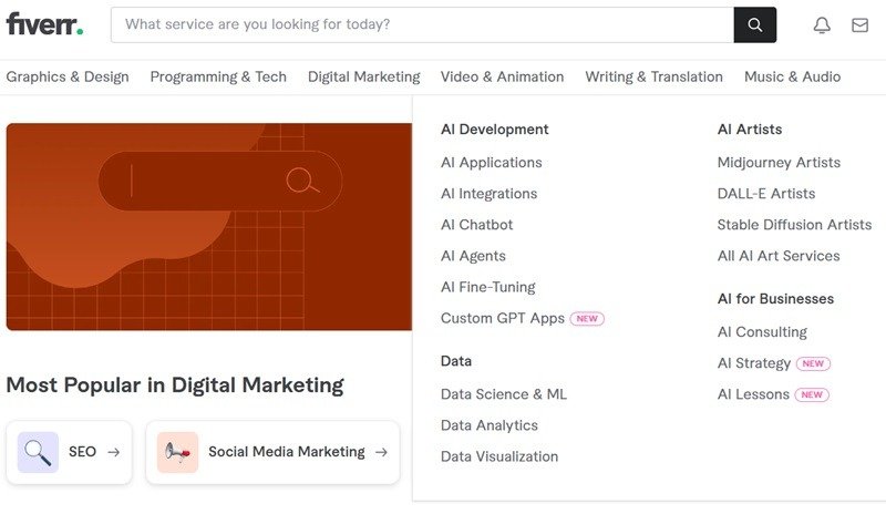 Fiverr with its listing of AI services in freelancing.