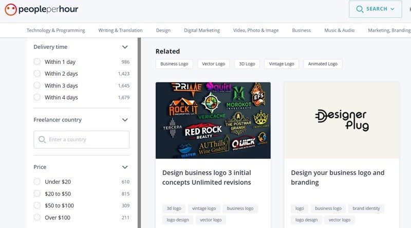 PeoplePerHour with its listing of freelance logo designers.