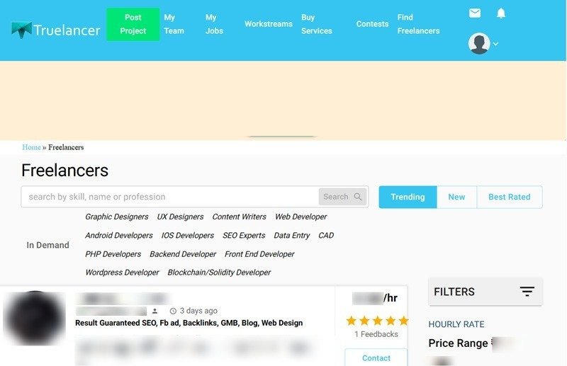 Truelancer website displaying available freelancers with lower hourly rates.